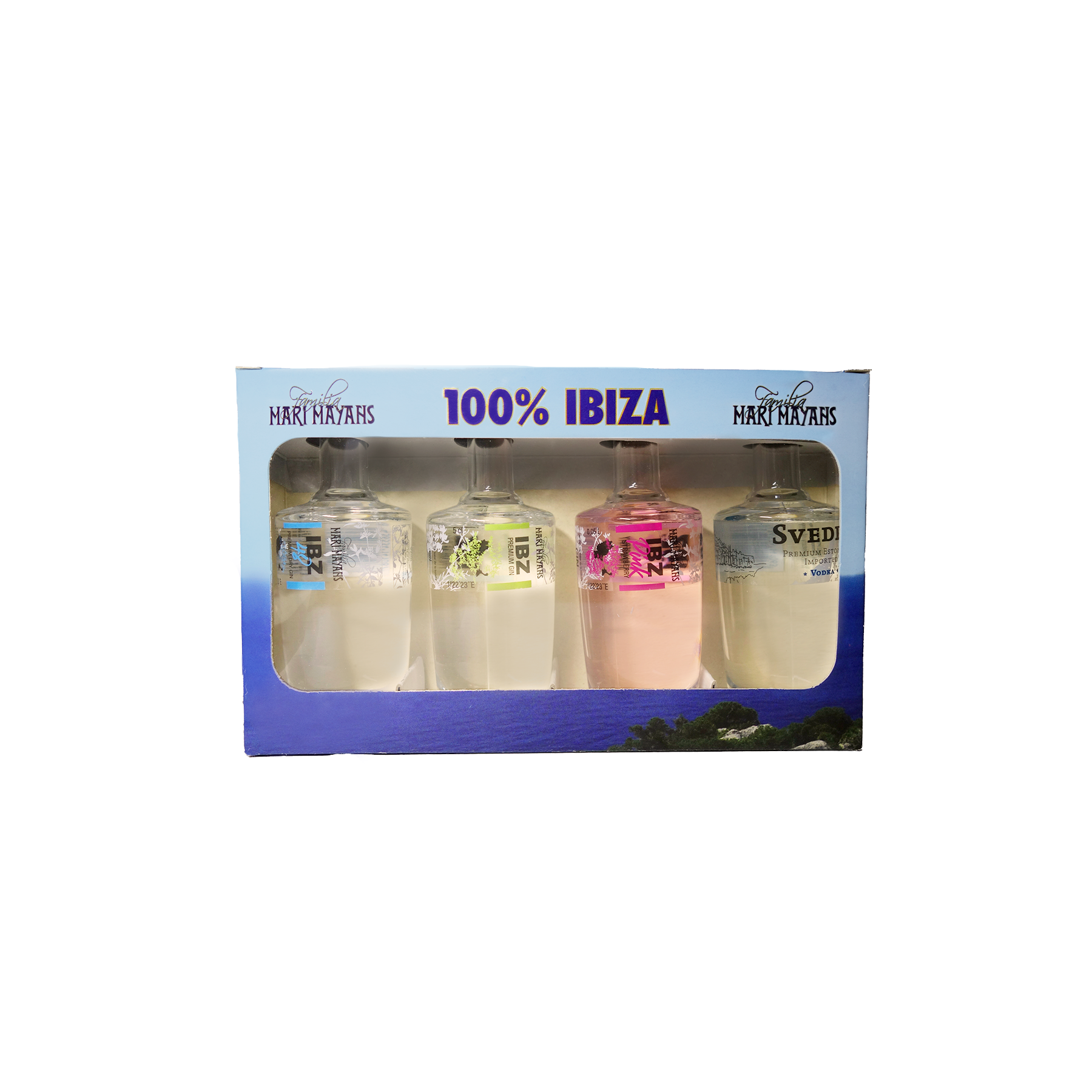 Estuche de miniaturas con ginebras IBZ y Svedra Vodka de Familia Marí Mayans